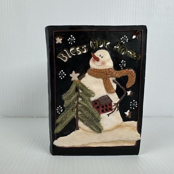 Vintage Crazy Mountain Bless Our Home Snowman Ceramic Tea Light Candle Holder - Picture 2 of 10